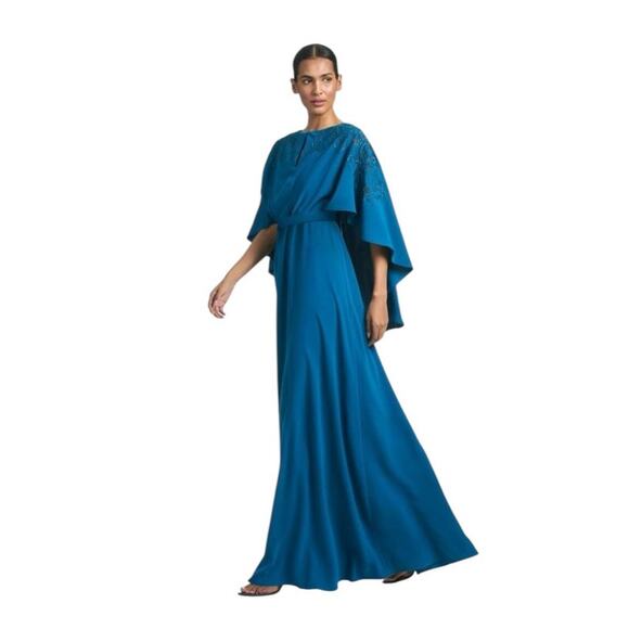 Sachin & Babi Size 2 NWT Moroccan Blue Crepe Embroidered Wren Cape Maxi Gown - Picture 2 of 12